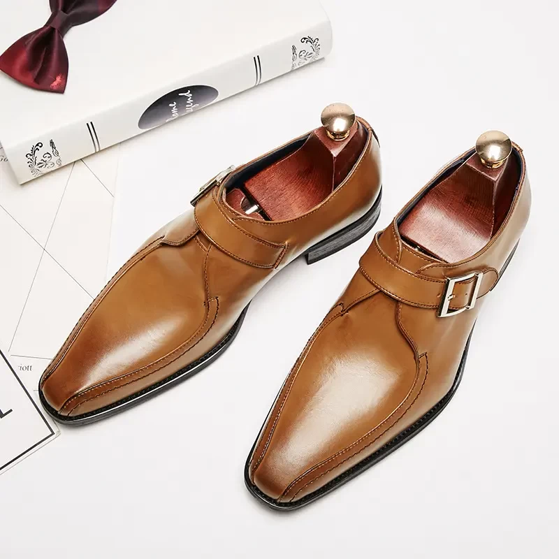 leather business dress shoes men's buckle office gentleman monk shoes
